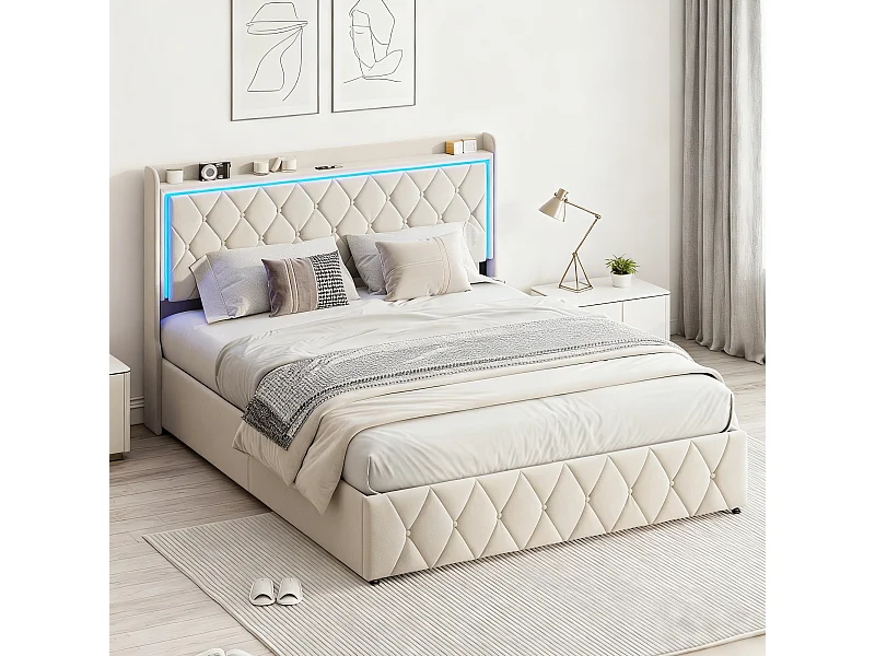 Lit coffre 140x190 cm avec sommier à lattes - lit adulte 140x190 cm - cadre de moderne lit 140x190 cm - matelassé  tissu en velours - beige