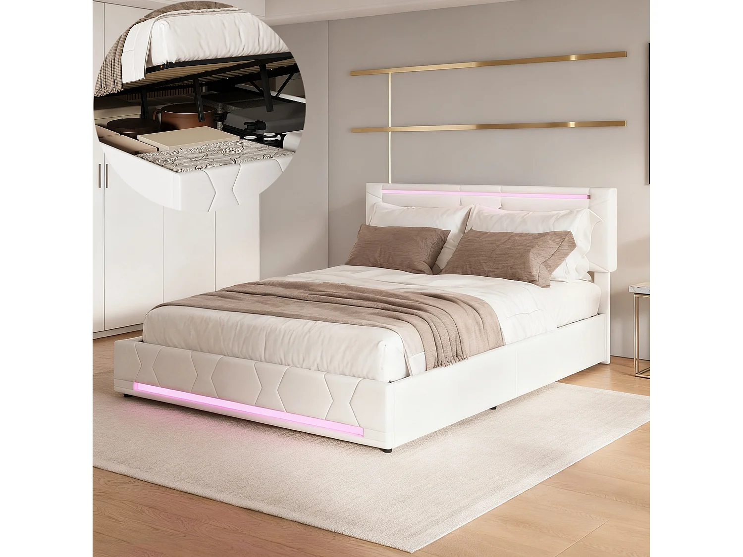 Opbergbed 160x200 cm met lattenbodem, COZY, volwassen bed met LED en USB, tweepersoonsbedframe, linnen stof, 160x200 cm, beige