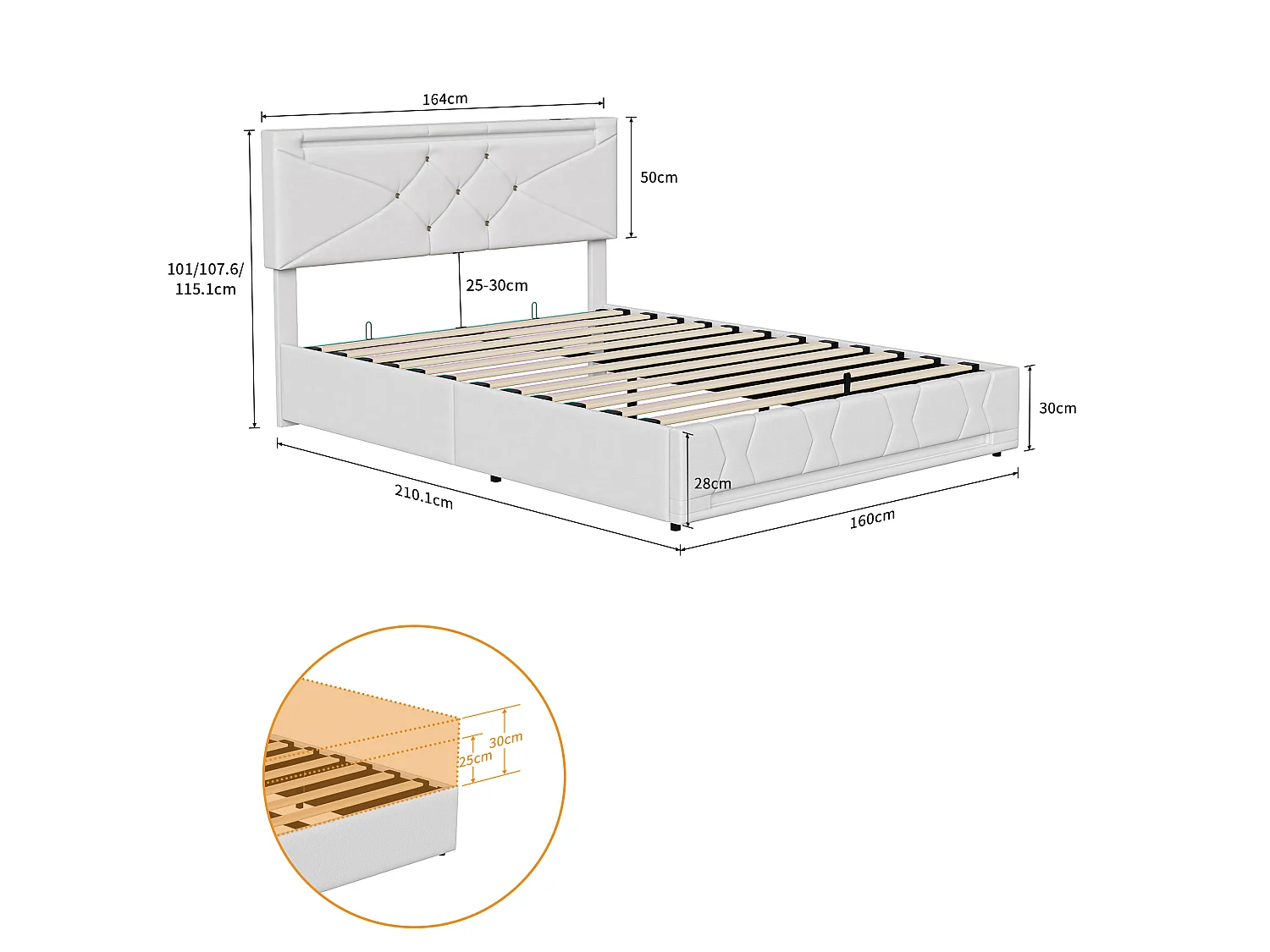 Lit coffre 160 x 200 cm - COZY - Lit double adulte avec sommier à lattes, LED et port USB - tissu effet lin beige