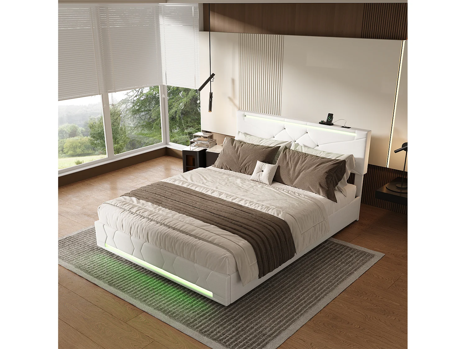 Lit coffre 160 x 200 cm - COZY - Lit double adulte avec sommier à lattes, LED et port USB - tissu effet lin beige