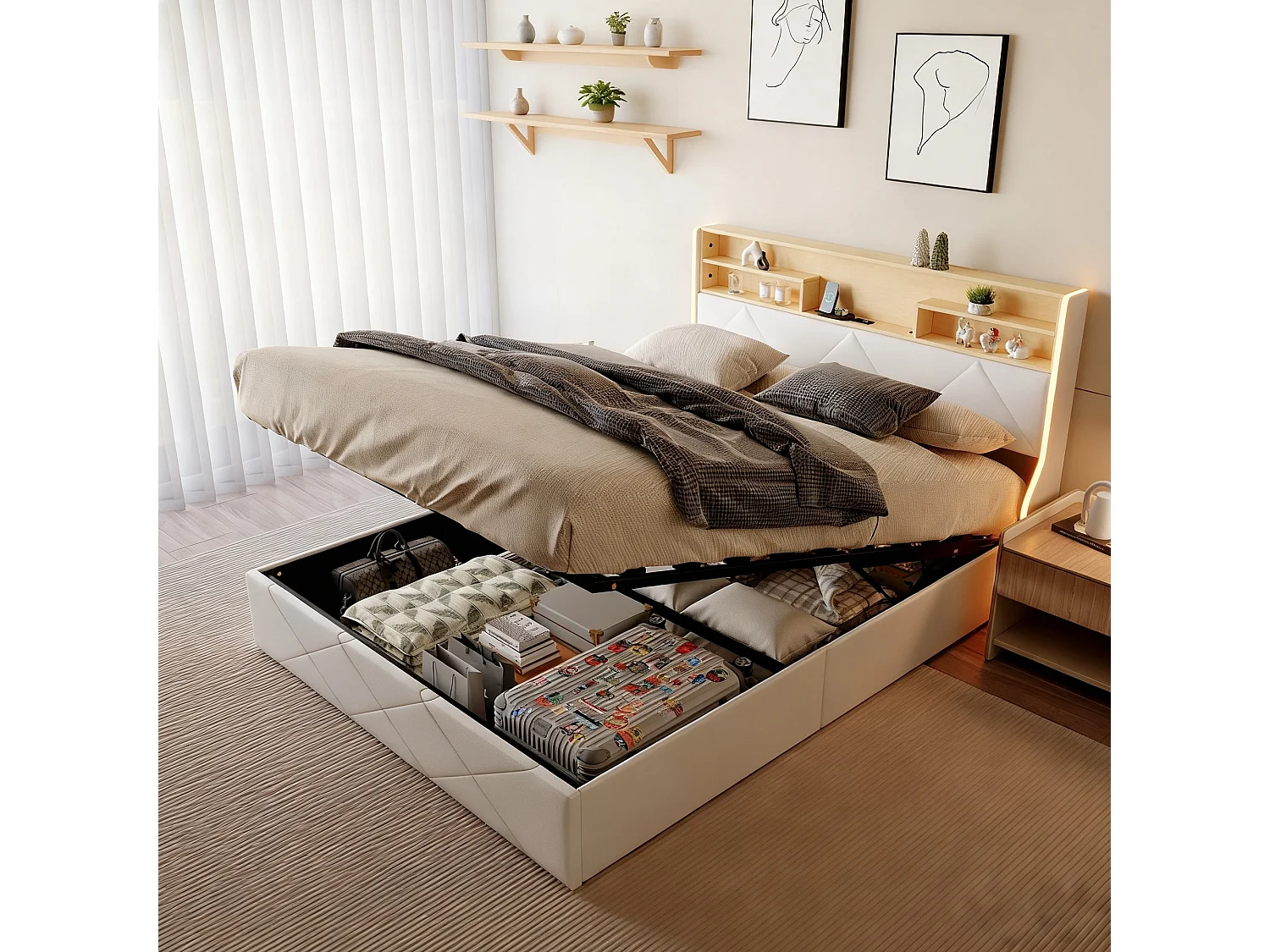 Lit coffre 160x200 cm avec sommier à latte - lit adulte 160x200cm avec USB et LED - lit double 160x200 capitonné en tissu PU - moderne nouvelle collection - blanc
