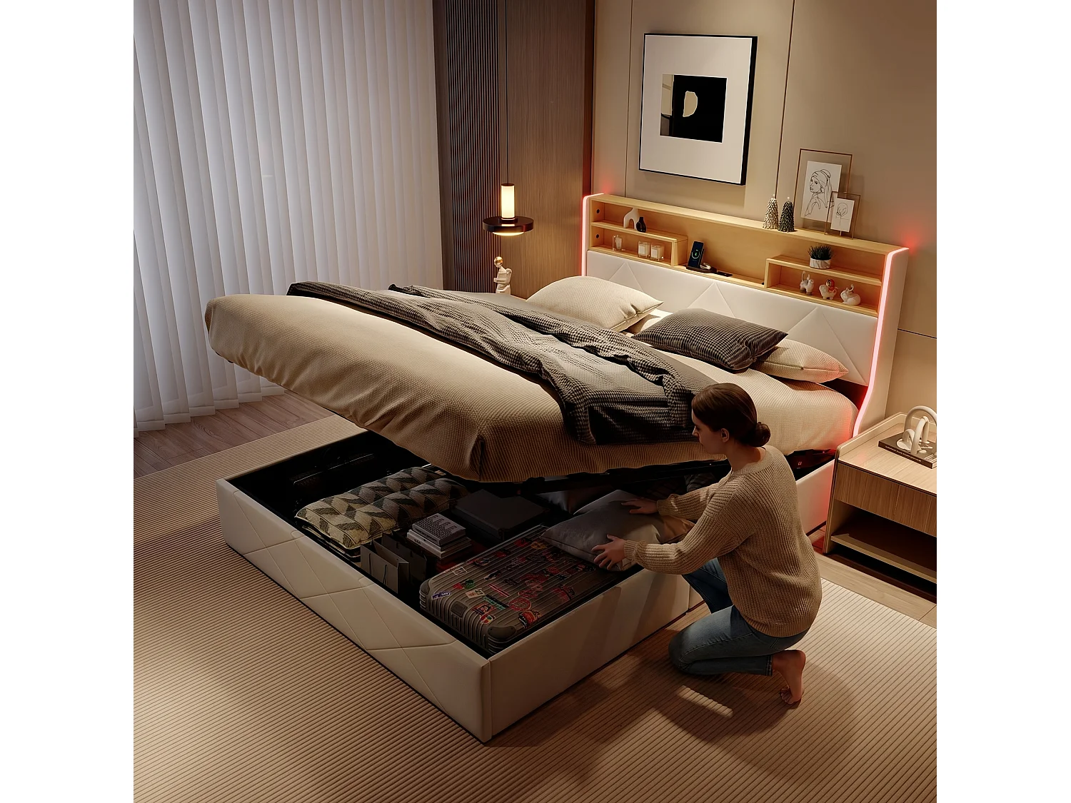 Lit coffre 160 x 200 cm - Lit double adulte capitonné avec sommier à lattes, LED et port USB - tissu PU blanc