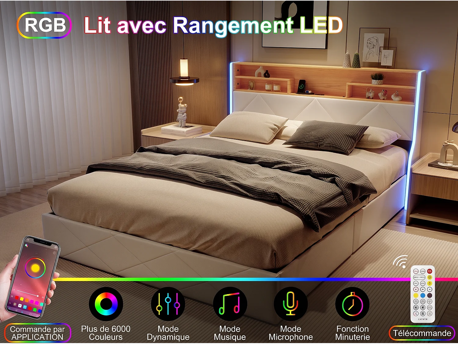 Lit coffre 160 x 200 cm - Lit double adulte capitonné avec sommier à lattes, LED et port USB - tissu PU blanc