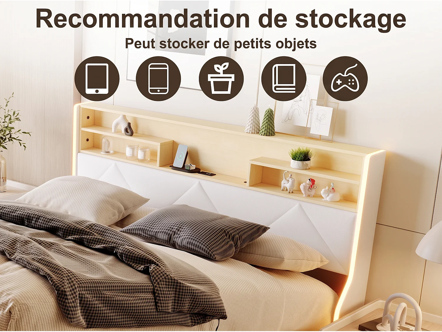 Lit coffre 160 x 200 cm - Lit double adulte capitonné avec sommier à lattes, LED et port USB - tissu PU blanc