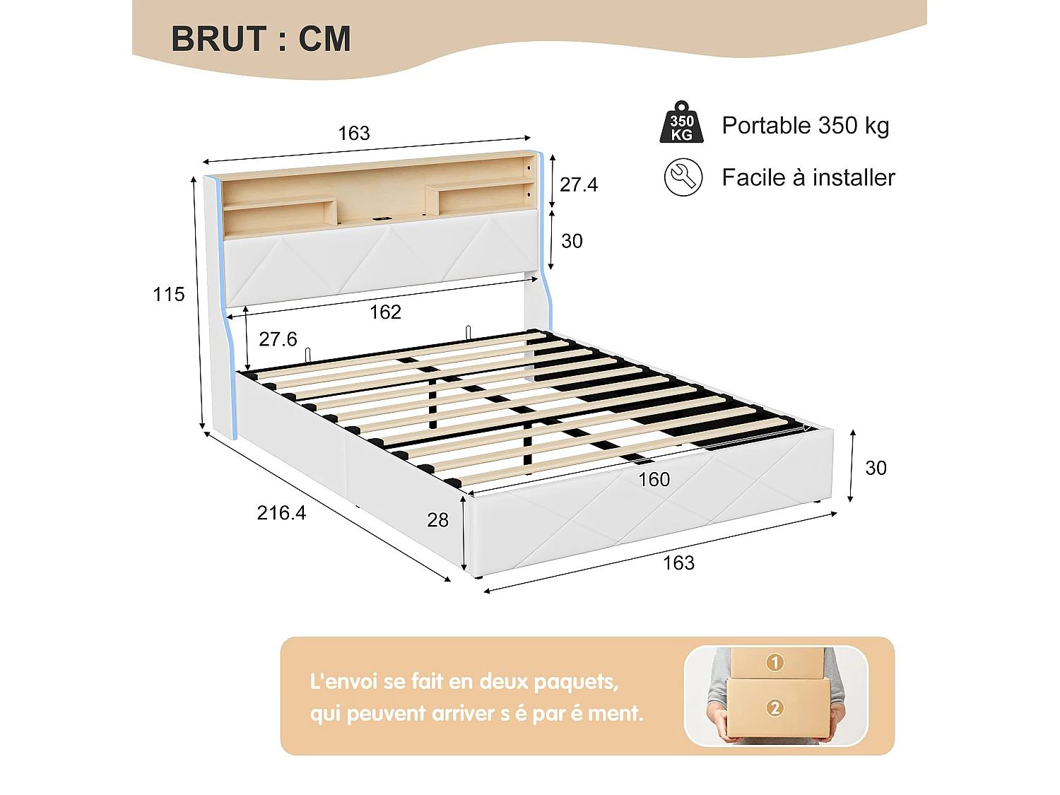 Lit coffre 160 x 200 cm - Lit double adulte capitonné avec sommier à lattes, LED et port USB - tissu PU blanc