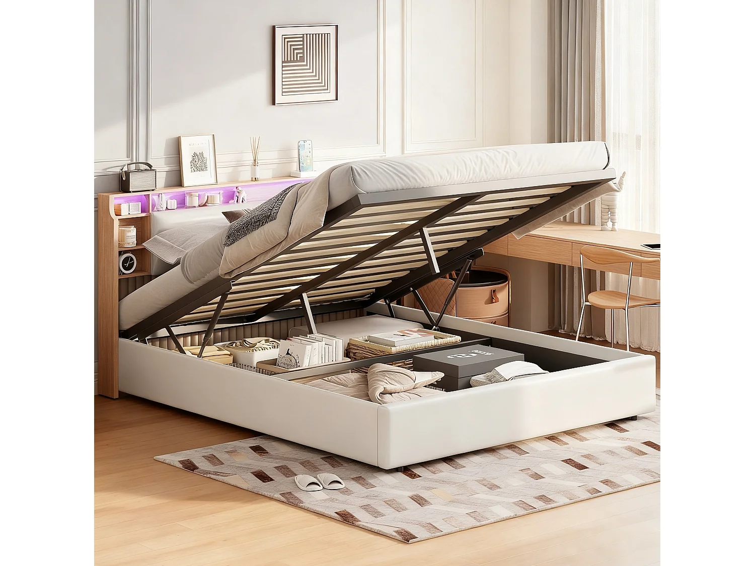 Lit coffre 160x200 cm avec sommier à latte - lit adulte 160x200 cm - LED - lit double 160x200 cm tissu en pu - Style scandinave - blanc