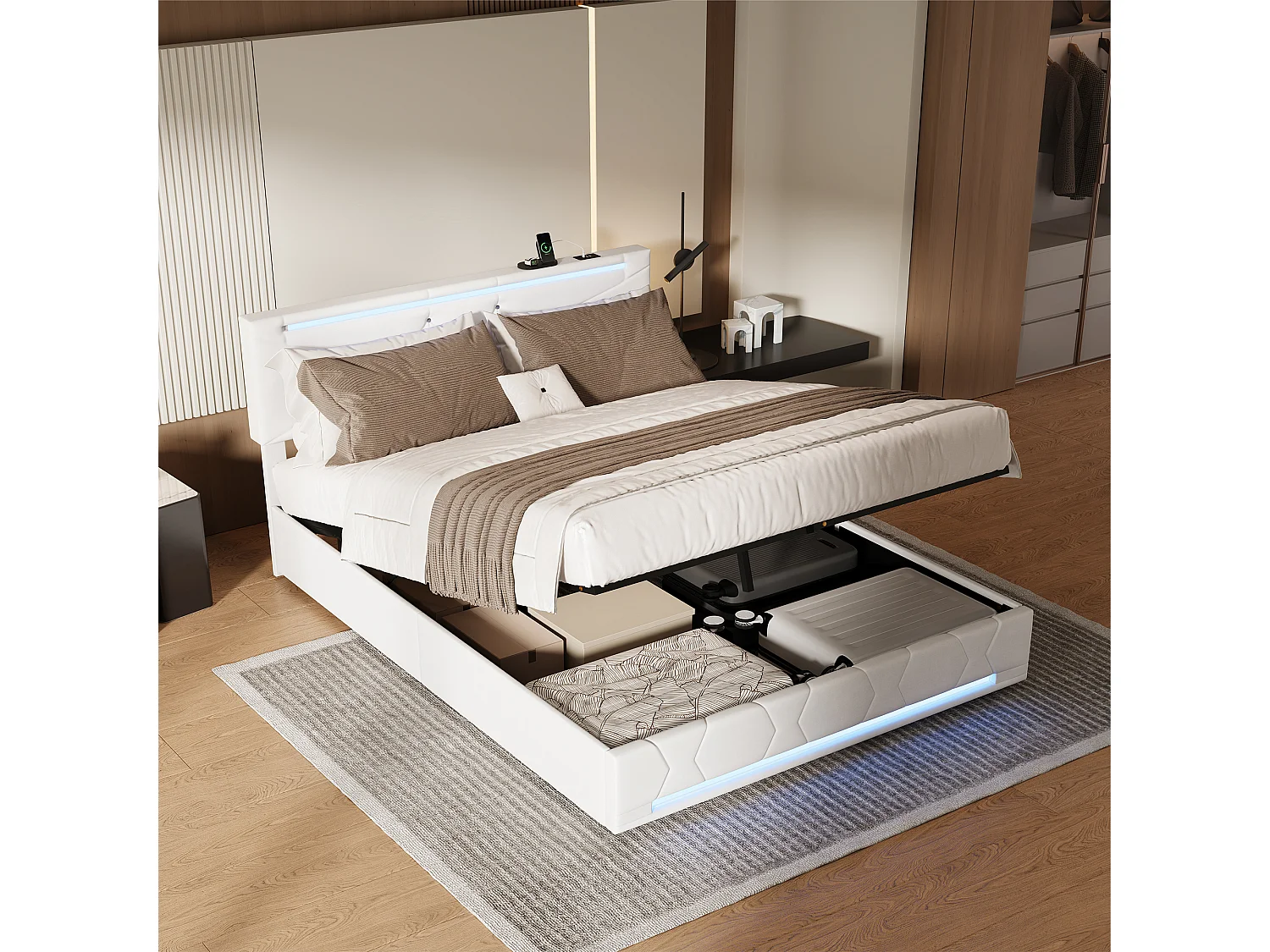 Lit coffre 140 x 190 cm en tissu effet lin beige, vérins à gaz, LED tête et pied, USB, prise EU, sommier à lattes