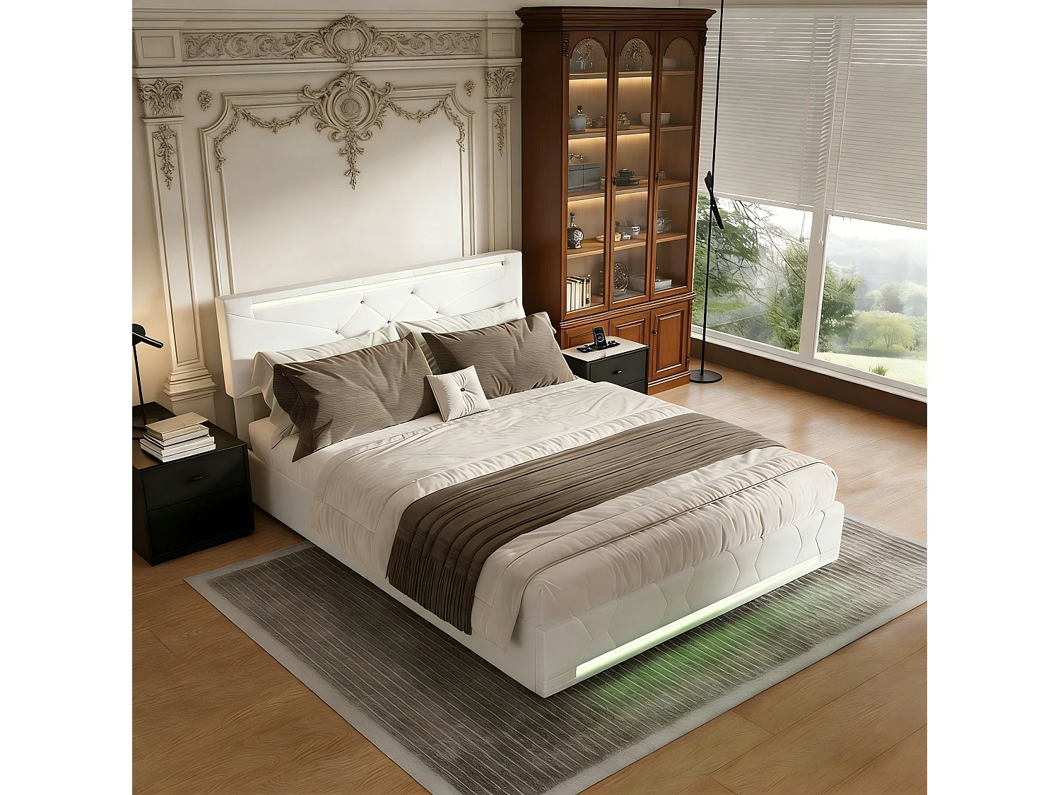 Lit coffre 140 x 190 cm en tissu effet lin beige, vérins à gaz, LED tête et pied, USB, prise EU, sommier à lattes
