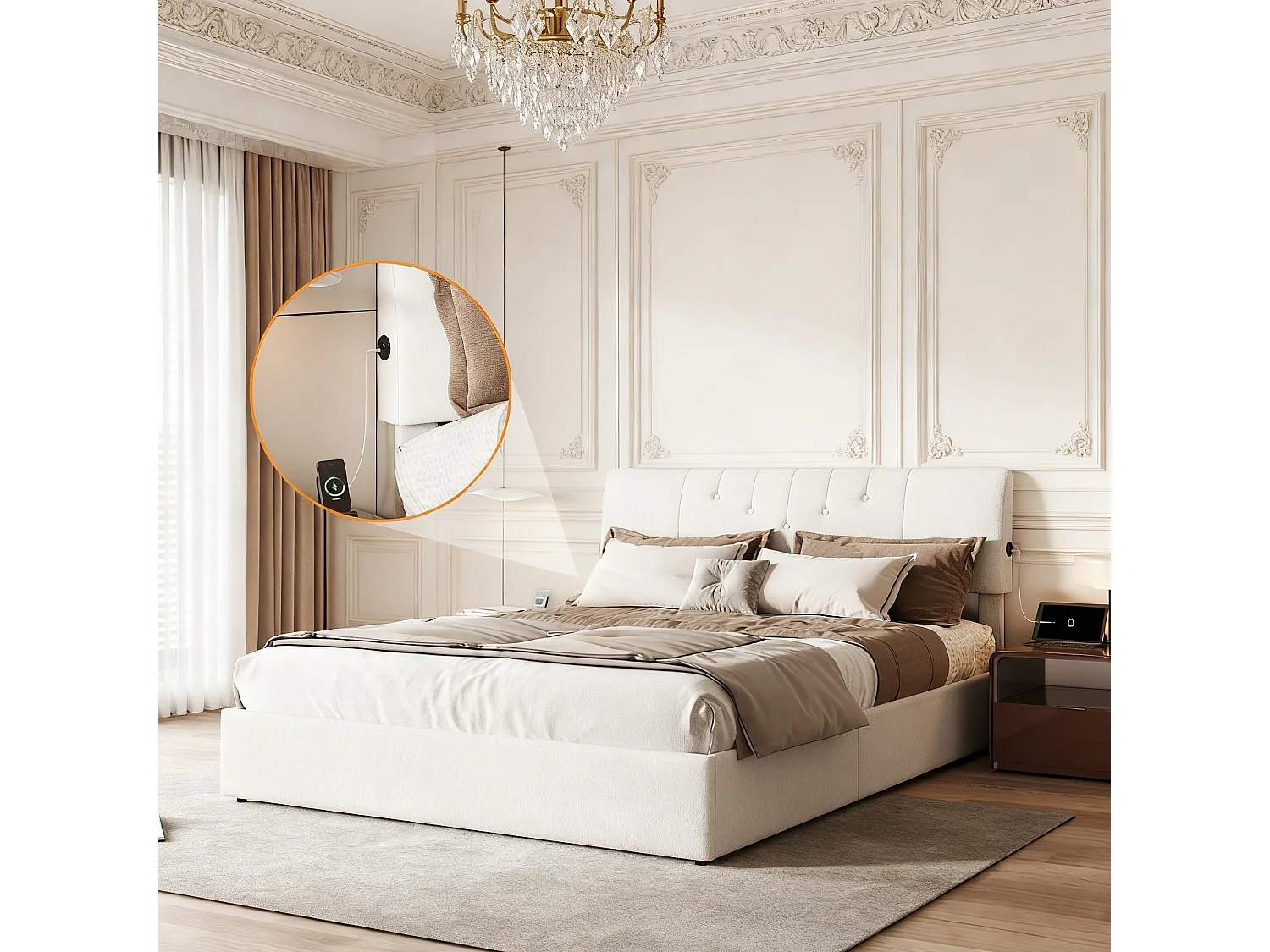 Lit coffre 160x200 cm avec sommier à latte - lit adulte 160x190 cm avec USB - lit queen size 160x200 cm capitonné en tissu velours - Nouvelle collection - blanc