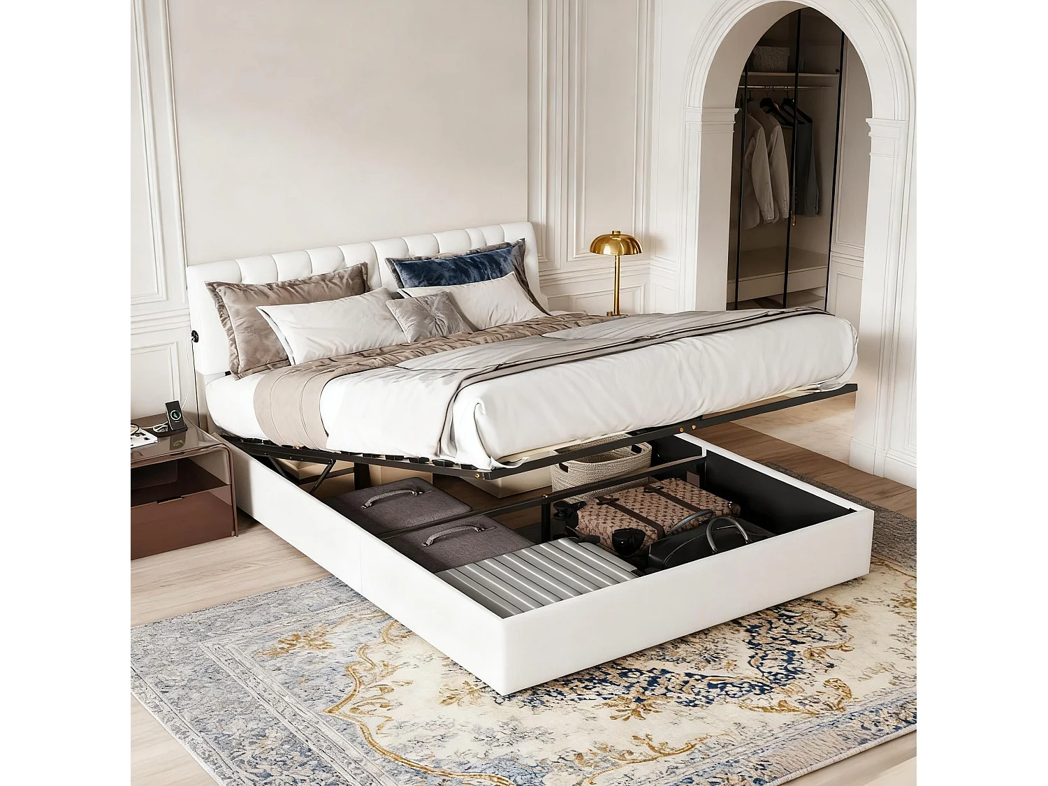 Lit coffre 160x200 cm avec sommier à latte - lit adulte 160x190 cm avec USB - lit queen size 160x200 cm capitonné en tissu velours - Nouvelle collection - blanc