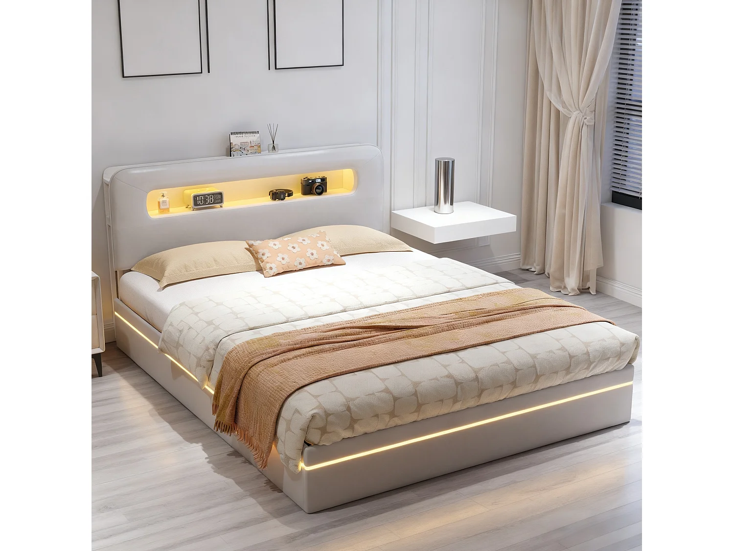 Lit coffre 160x200 cm avec sommier à lattes - lit adulte 160x200 cm - cadre de lit double 160x200 cm avec led - tissu en velours - beige