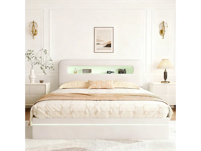 Lit coffre 160x200 cm avec sommier à lattes - lit adulte 160x200 cm - cadre de lit double 160x200 cm avec led - tissu en velours - beige