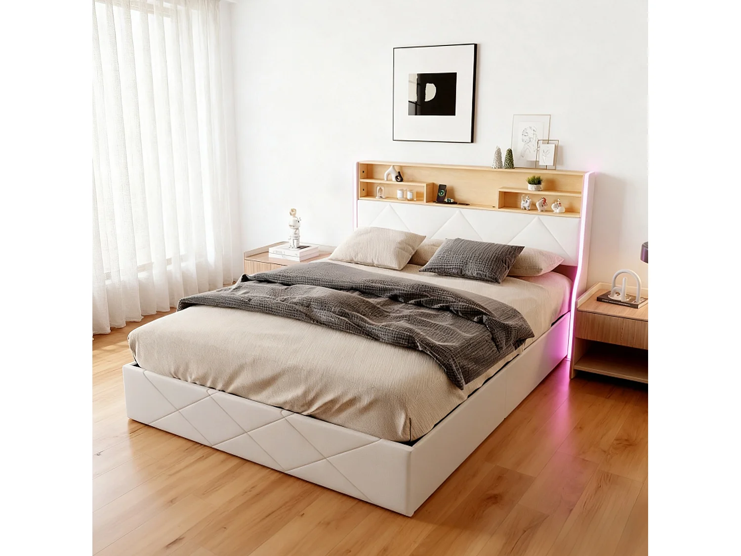 Lit coffre 140x200 cm avec sommier à latte - lit adulte 140x200cm avec USB et LED - lit double 140x200 capitonné en tissu PU - moderne nouvelle collection - blanc