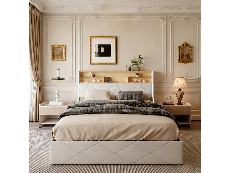 Lit coffre 140x200 cm avec sommier à latte - lit adulte 140x200cm avec USB et LED - lit double 140x200 capitonné en tissu PU - moderne nouvelle collection - blanc