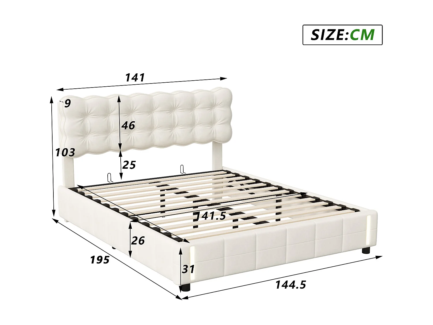 Lit coffre 140x190 avec sommier à lattes, lit 140x190 avec LED à détection de mouvement, cadre de lit adulte 140x190, tissu en velours, beige