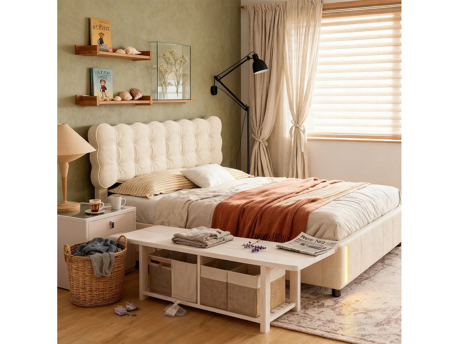 Lit coffre adulte 140x190 cm avec sommier à lattes, LED avec détecteur de mouvement, velours beige