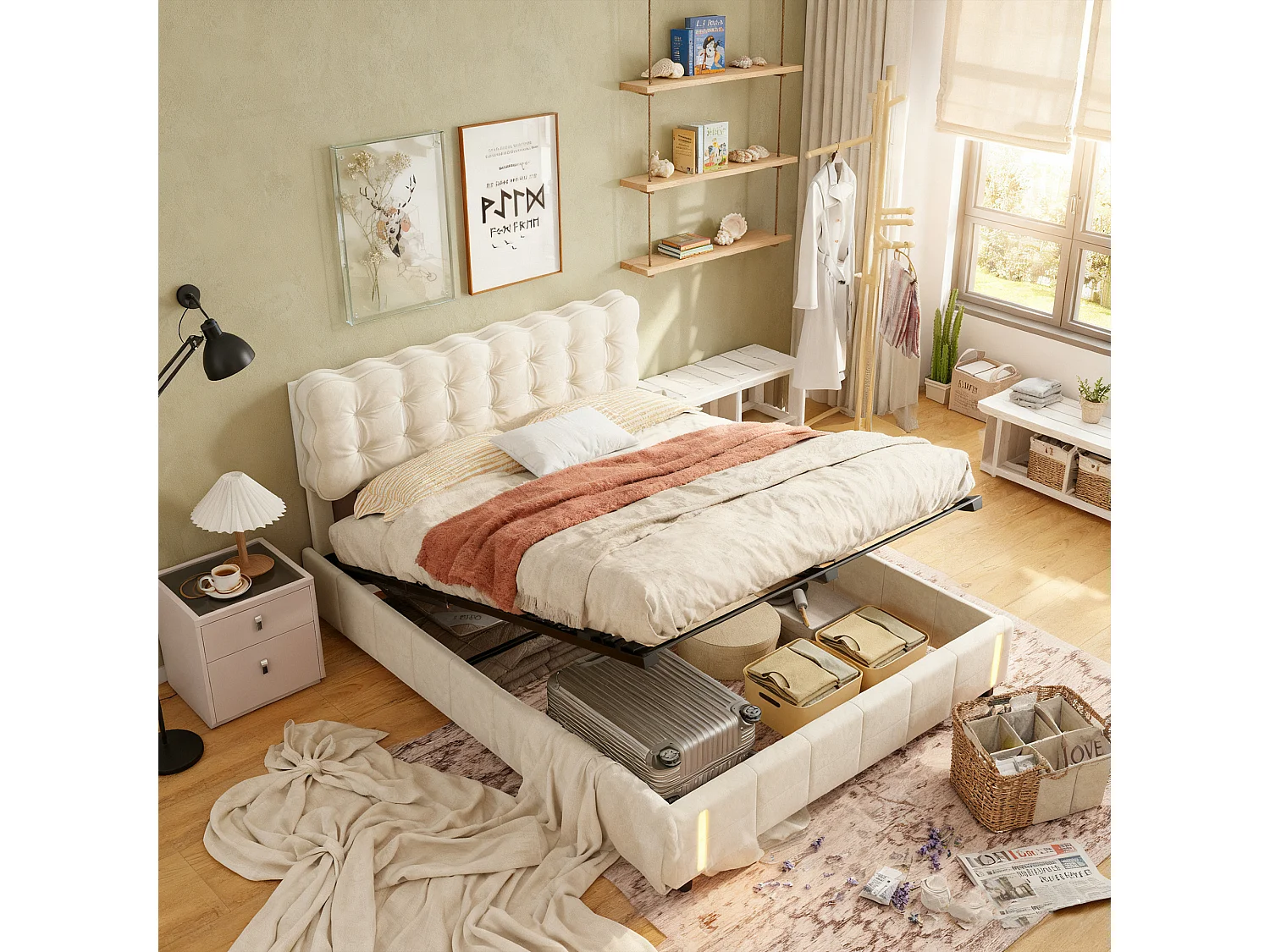 Lit coffre adulte 140x190 cm avec sommier à lattes, LED avec détecteur de mouvement, velours beige