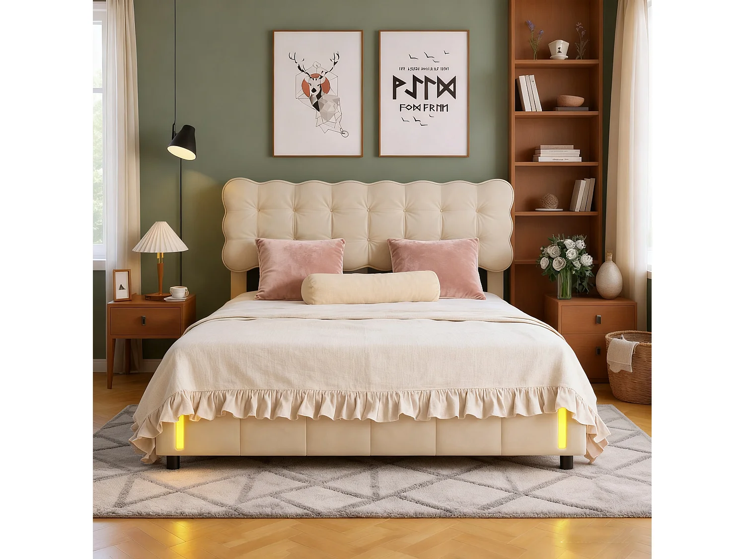 Lit coffre adulte 140x190 cm avec sommier à lattes, LED avec détecteur de mouvement, velours beige