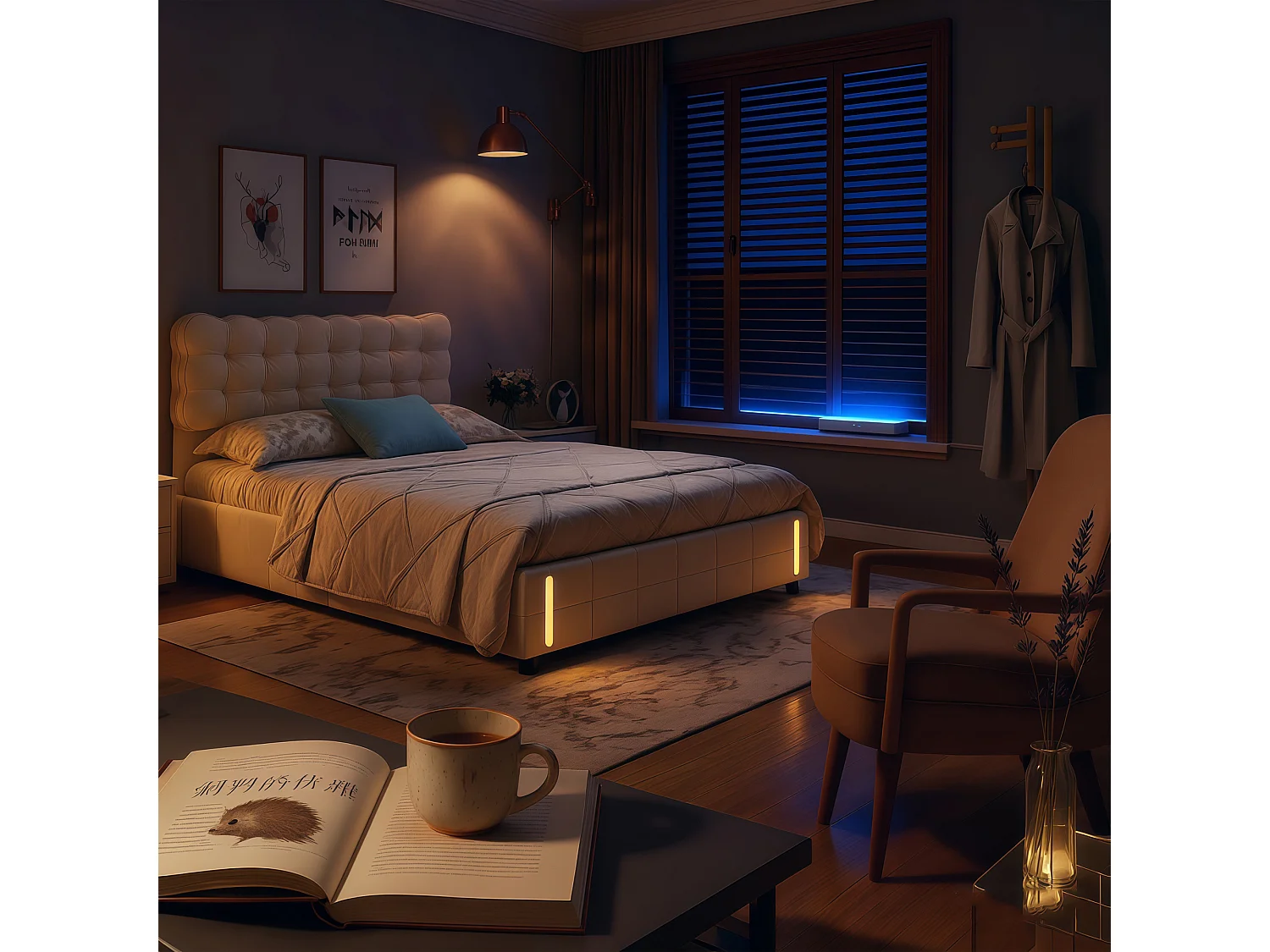 Lit coffre adulte 140x190 cm avec sommier à lattes, LED avec détecteur de mouvement, velours beige