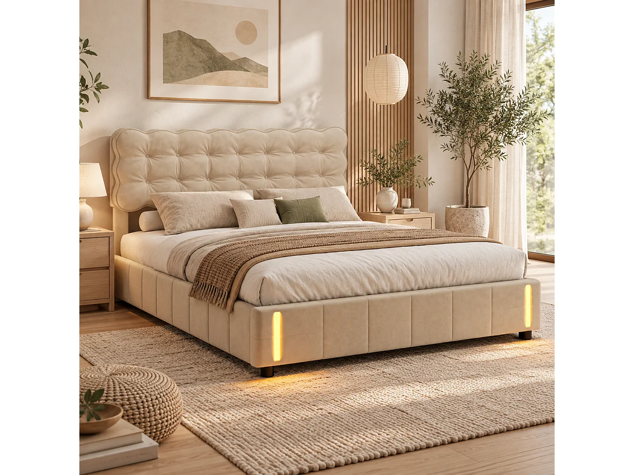 Lit coffre adulte 140x190 cm avec sommier à lattes, LED avec détecteur de mouvement, velours beige