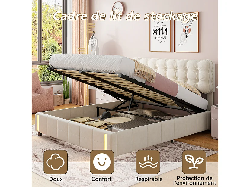 Lit coffre adulte 140x190 cm avec sommier à lattes, LED avec détecteur de mouvement, velours beige