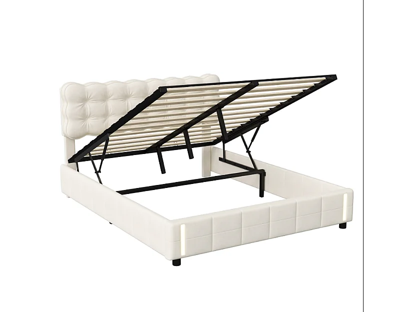 Lit coffre adulte 140x190 cm avec sommier à lattes, LED avec détecteur de mouvement, velours beige