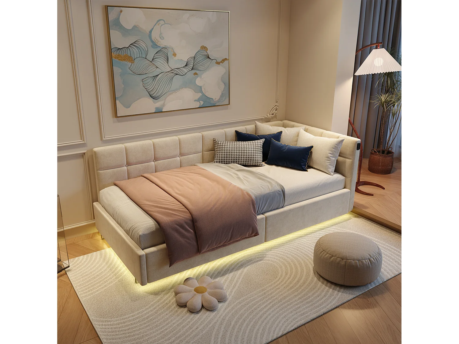 Opbergbed 90x200 met lattenbodem, bed 90x200 met LED, eenpersoonsbedframe 90x200 met USB- en Type C-aansluiting, fluwelen stof, beige