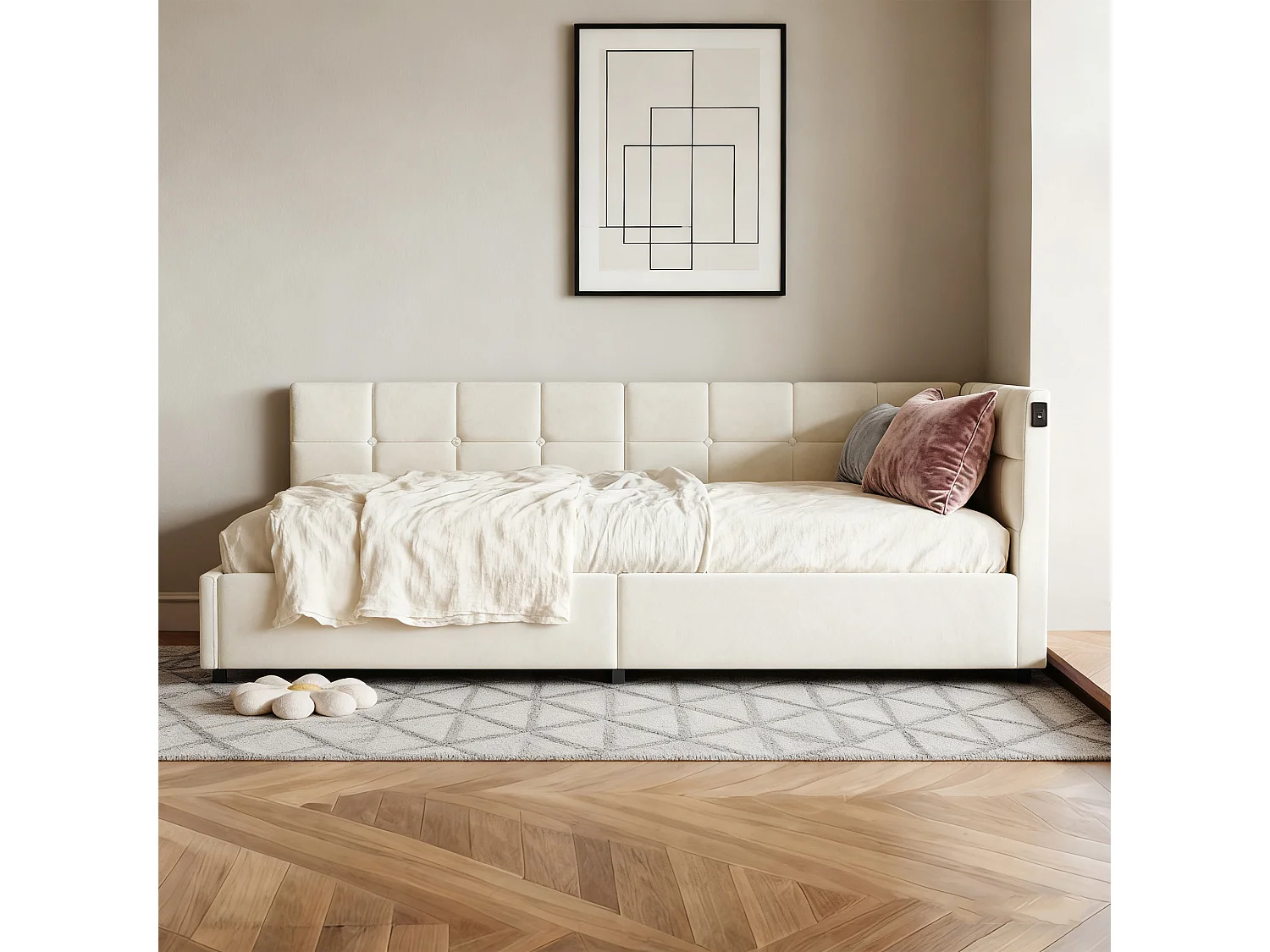Opbergbed 90x200 met lattenbodem, bed 90x200 met LED, eenpersoonsbedframe 90x200 met USB- en Type C-aansluiting, fluwelen stof, beige