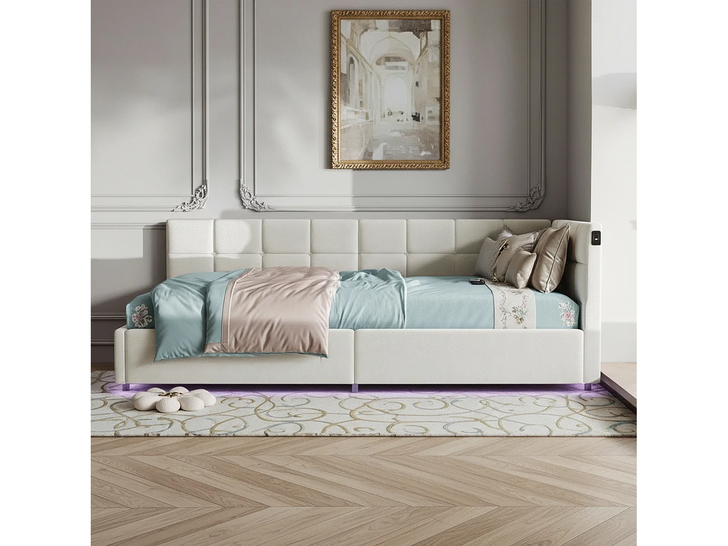 Opbergbed 90x200 met lattenbodem, bed 90x200 met LED, eenpersoonsbedframe 90x200 met USB- en Type C-aansluiting, fluwelen stof, beige