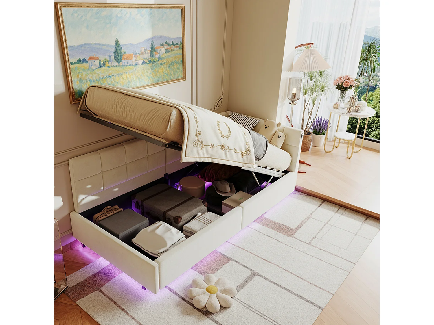 Opbergbed 90x200 met lattenbodem, bed 90x200 met LED, eenpersoonsbedframe 90x200 met USB- en Type C-aansluiting, fluwelen stof, beige