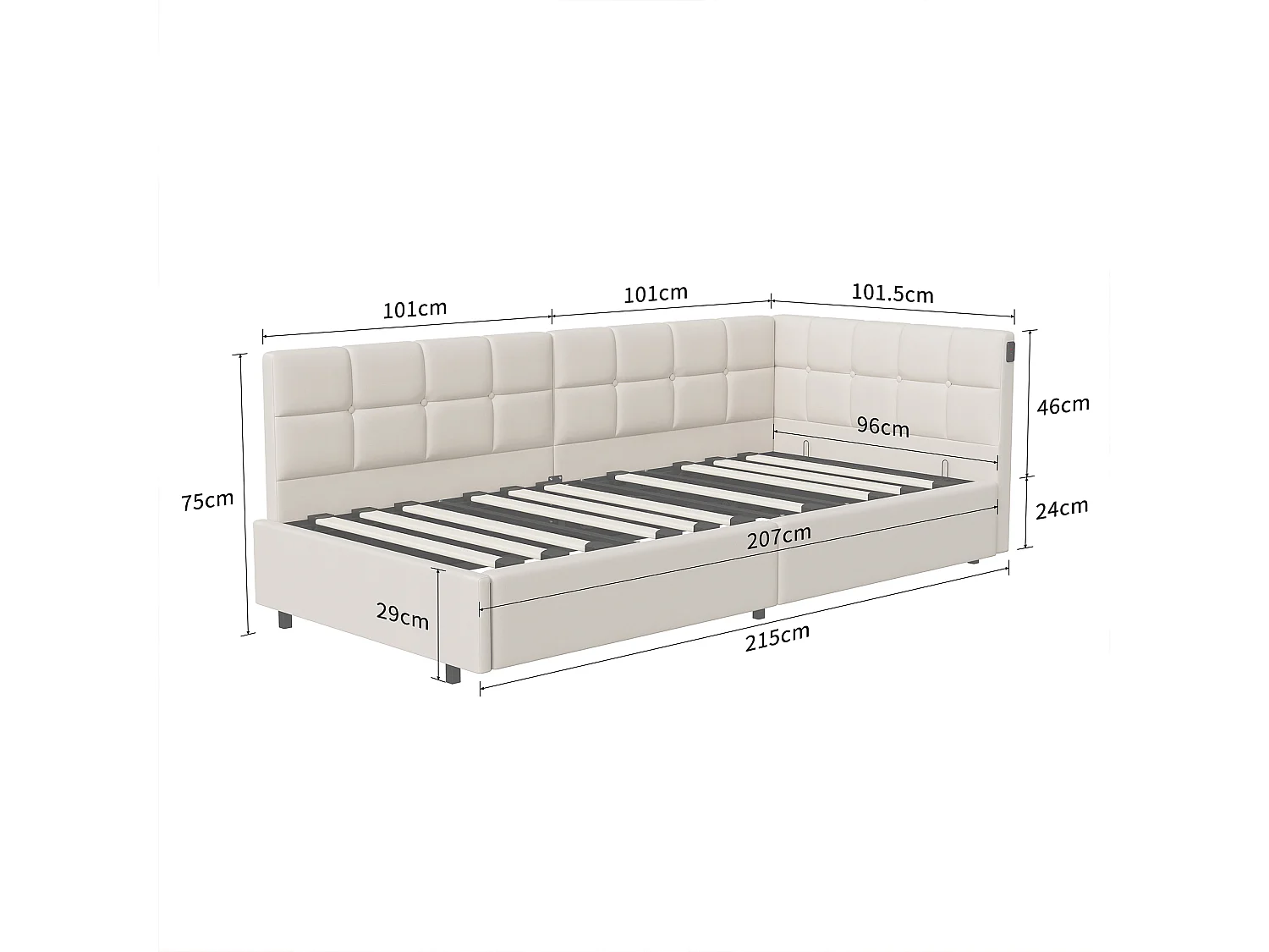 Opbergbed 90x200 met lattenbodem, bed 90x200 met LED, eenpersoonsbedframe 90x200 met USB- en Type C-aansluiting, fluwelen stof, beige