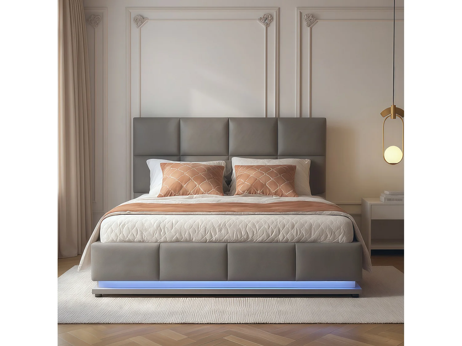 Lit coffre 140x190 avec LED, tête de lit réglable, lit 140x190 avec sommier à lattes, cadre de lit 140x190, lit capitonné en tissu PU 90x200 cm, gris