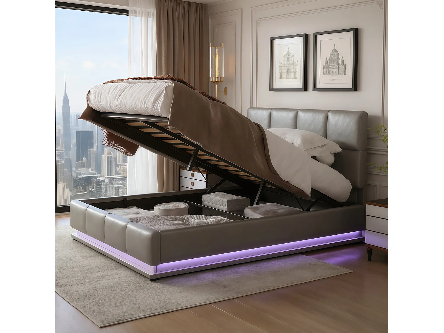 Lit coffre 140x190 avec LED, tête de lit réglable, lit 140x190 avec sommier à lattes, cadre de lit 140x190, lit capitonné en tissu PU 90x200 cm, gris