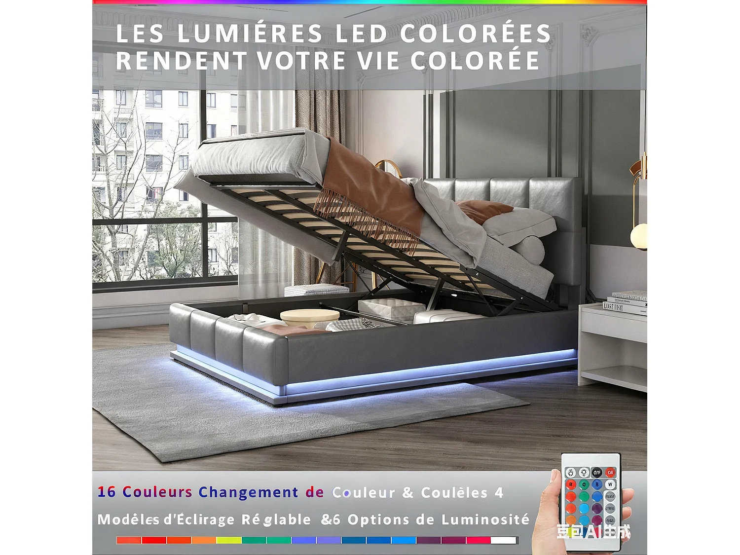Lit coffre 140x190 avec LED, tête de lit réglable, lit 140x190 avec sommier à lattes, cadre de lit 140x190, lit capitonné en tissu PU 140x190 cm, gris