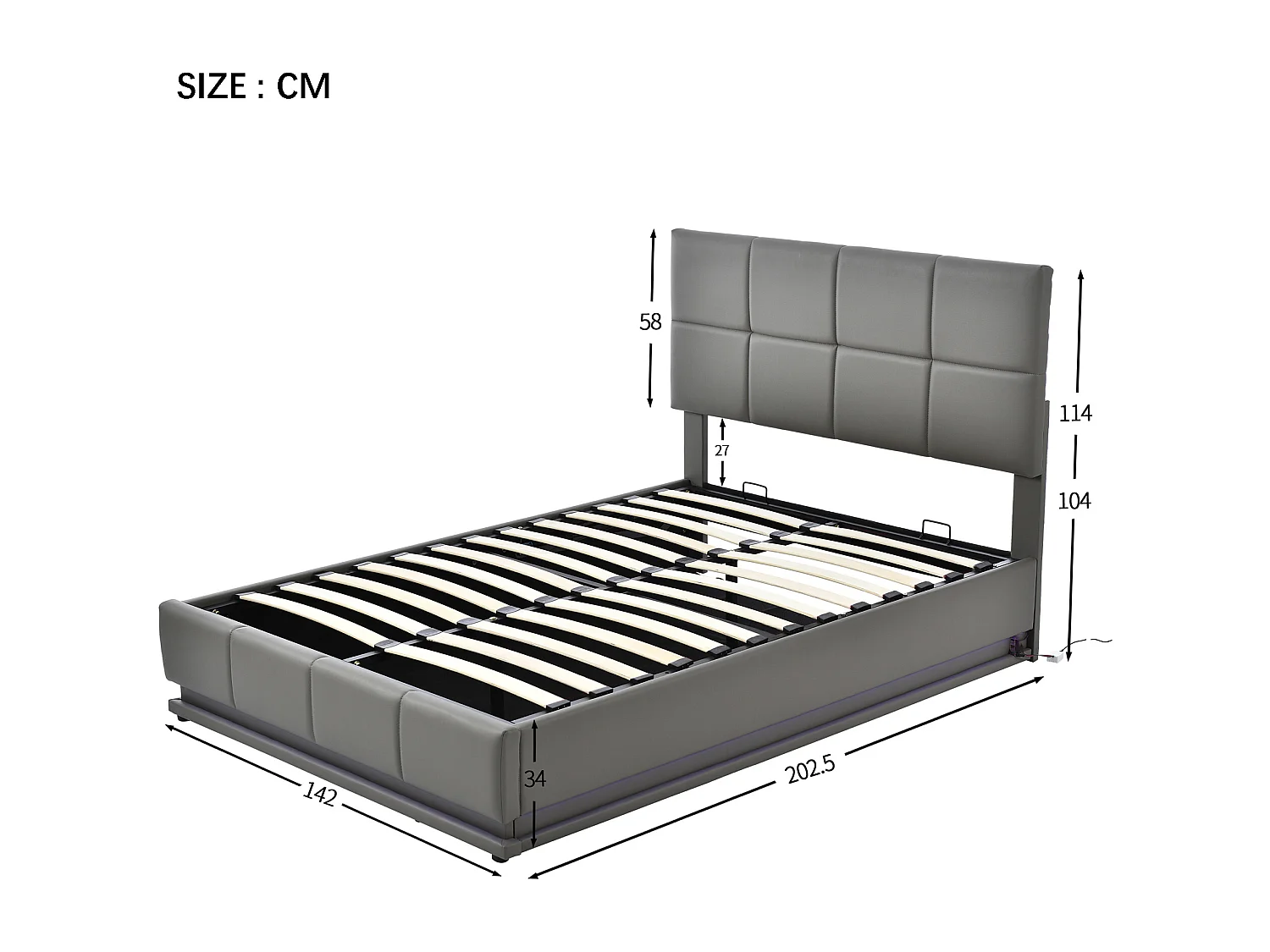 Lit coffre 140x190 avec LED, tête de lit réglable, lit 140x190 avec sommier à lattes, cadre de lit 140x190, lit capitonné en tissu PU 140x190 cm, gris