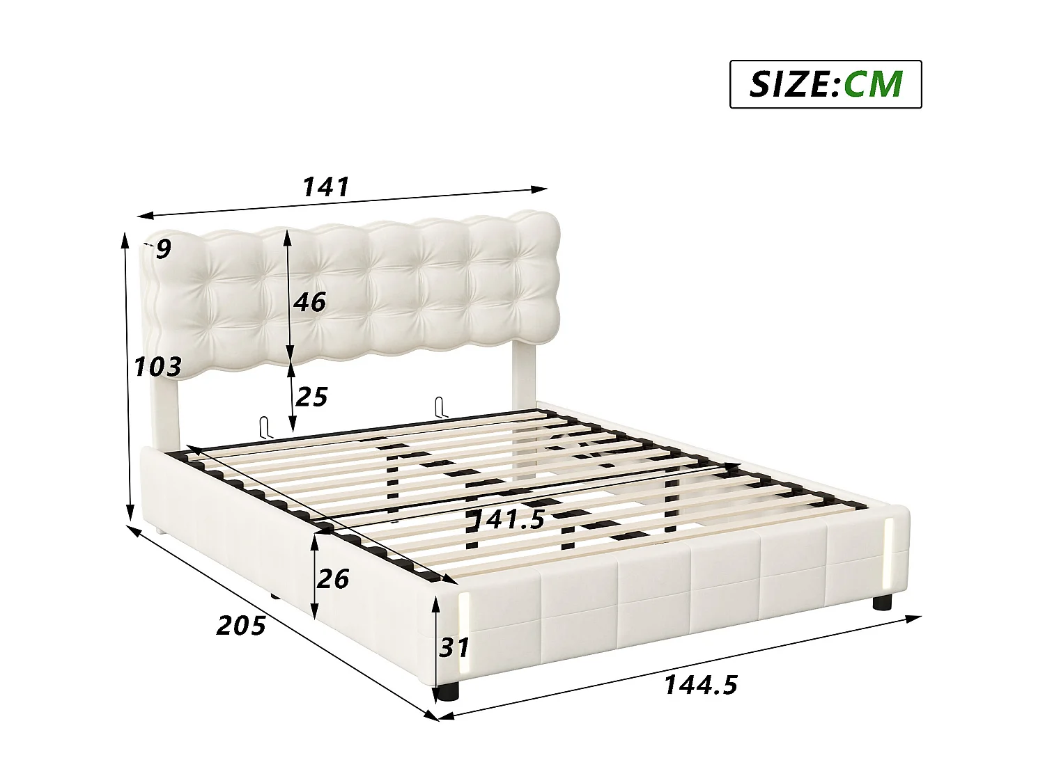 Lit coffre 140x200 avec sommier à lattes, lit 140x200 avec LED à détection de mouvement, cadre de lit adulte 140x200, tissu en velours, beige