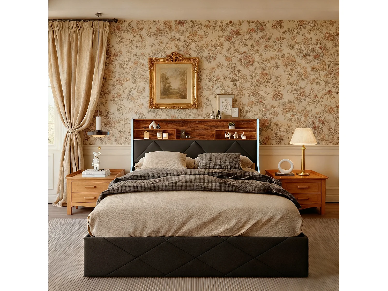 Lit coffre 140x200 cm avec sommier à latte - lit adulte 140x200 cm avec USB et LED - lit double 140x200 cm capitonné en tissu PU - style rétro chic - Noir