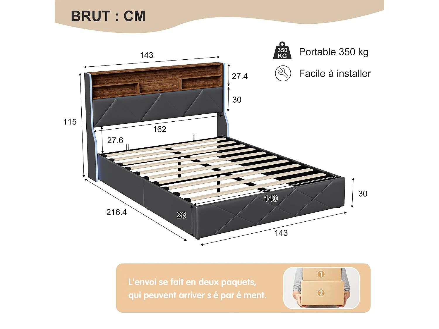 Lit coffre 140x200 cm avec sommier à latte - lit adulte 140x200 cm avec USB et LED - lit double 140x200 cm capitonné en tissu PU - style rétro chic - Noir