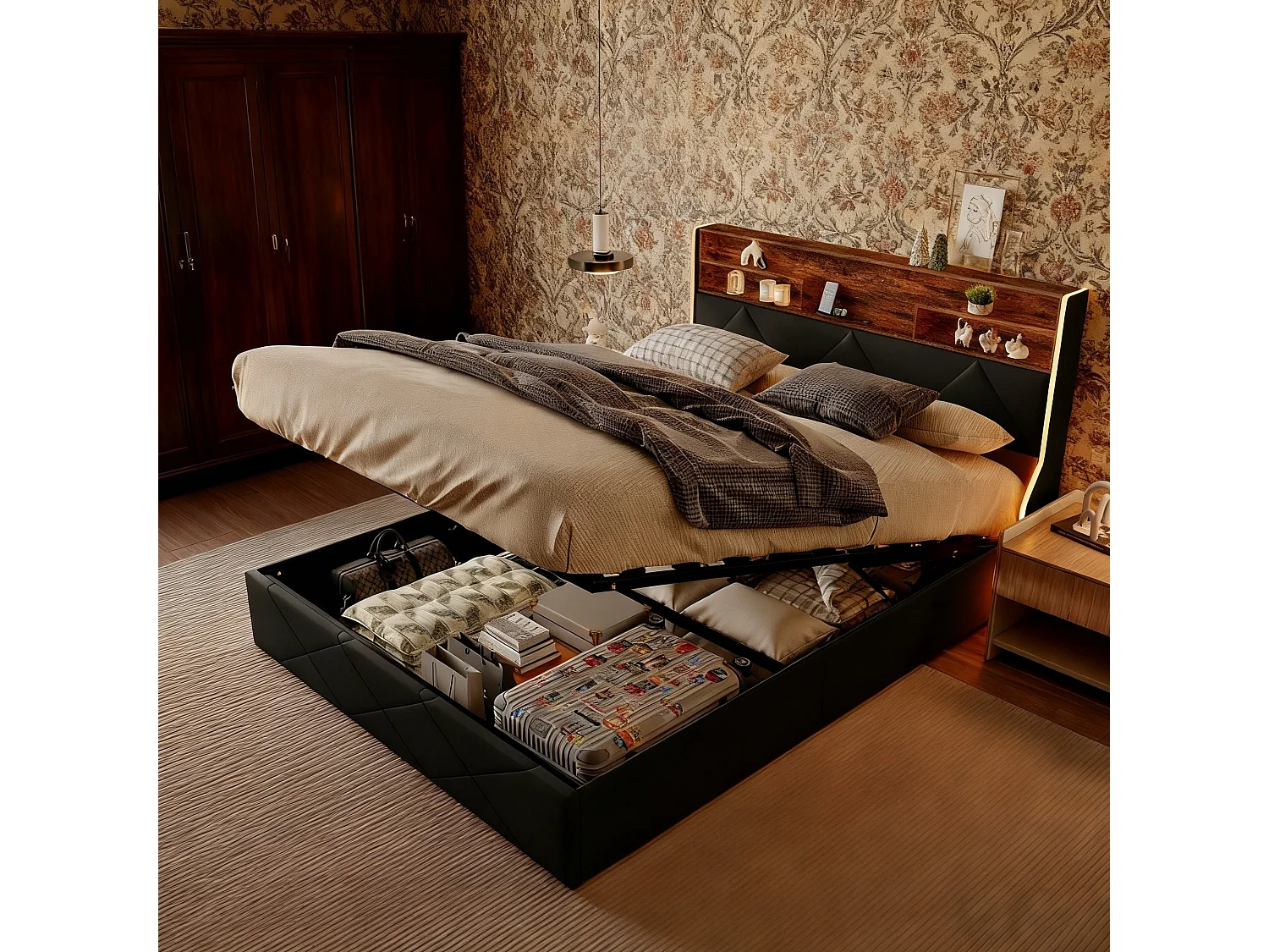 Lit coffre 140x200 cm avec sommier à latte - lit adulte 140x200 cm avec USB et LED - lit double 140x200 cm capitonné en tissu PU - style rétro chic - Noir