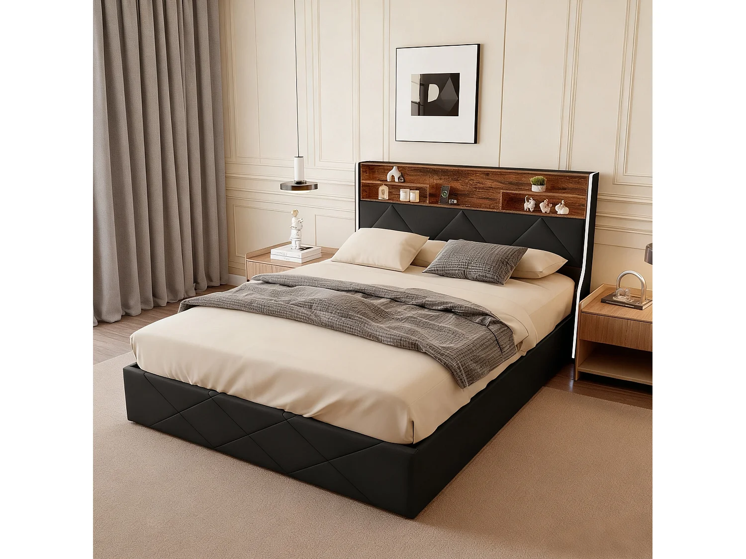 Lit coffre 140x200 cm avec sommier à latte - lit adulte 140x200 cm avec USB et LED - lit double 140x200 cm capitonné en tissu PU - style rétro chic - Noir