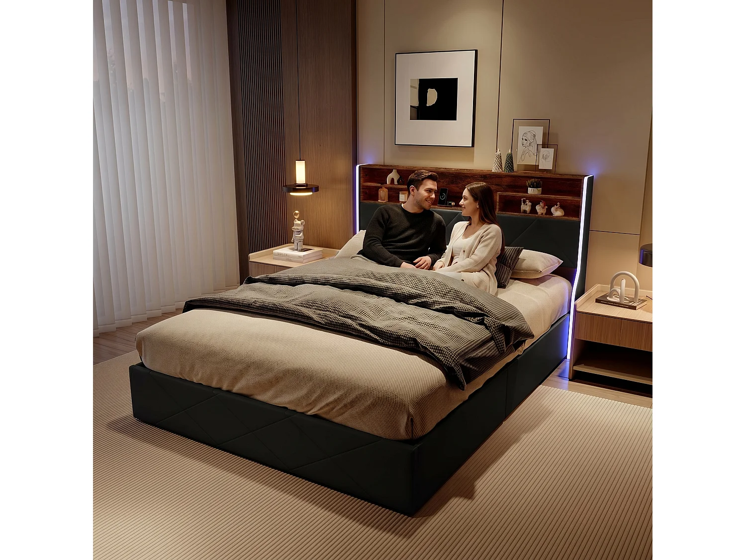 Lit coffre capitonné 140x200 cm avec sommier à lattes, LED et ports de charge USB, revêtement en PU noir, style rétro chic