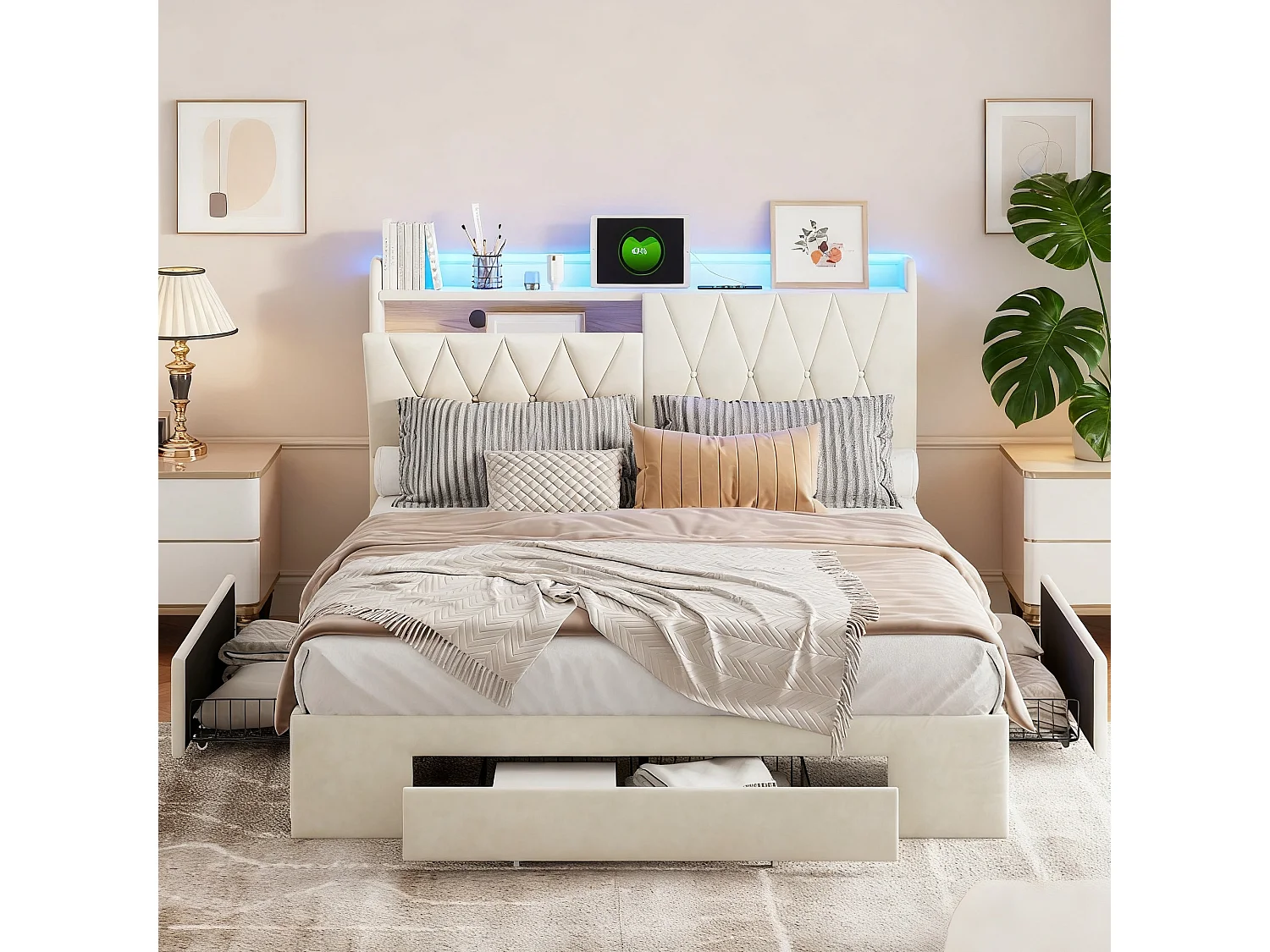 Lit double 140x190 cm avec sommier à lattes, cadre de lit 140x190 avec 3 tiroir et LED, lit adulte 140x190 avec USB et Type C, tissu en velours, beige