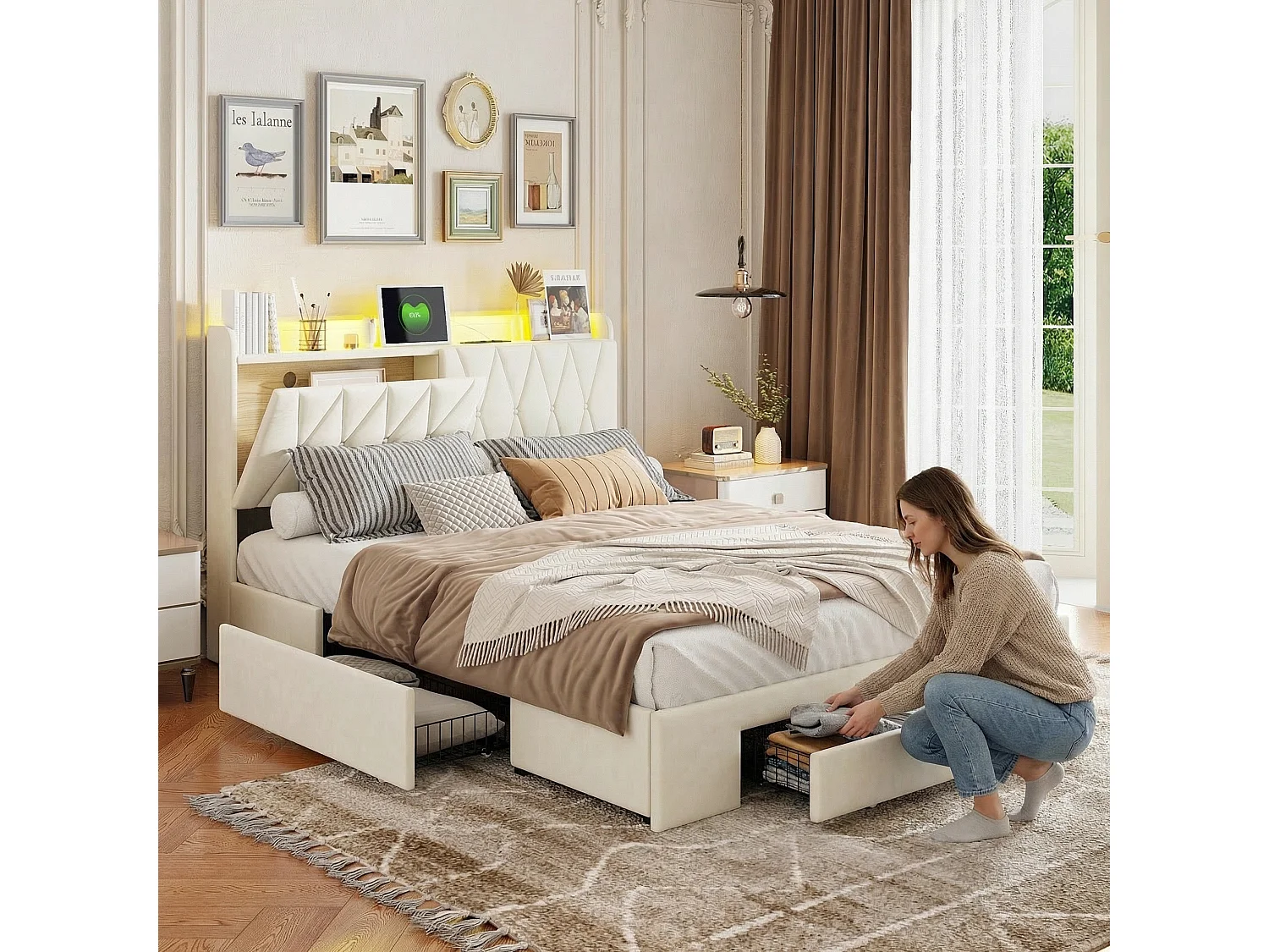 Tweepersoonsbed 140x190 cm met lattenbodem, met 3 lades en ledverlichting, volwassen bed 140x190 cm met USB- en Type-C-aansluitingen, fluwelen stof, beige