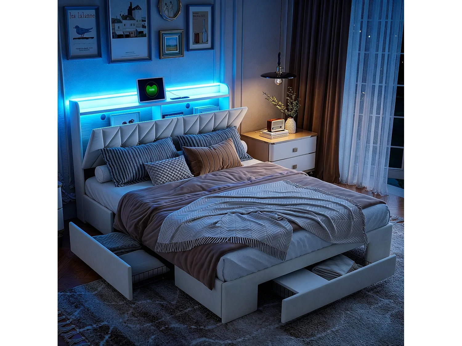Tweepersoonsbed 140x190 cm met lattenbodem, met 3 lades en ledverlichting, volwassen bed 140x190 cm met USB- en Type-C-aansluitingen, fluwelen stof, beige