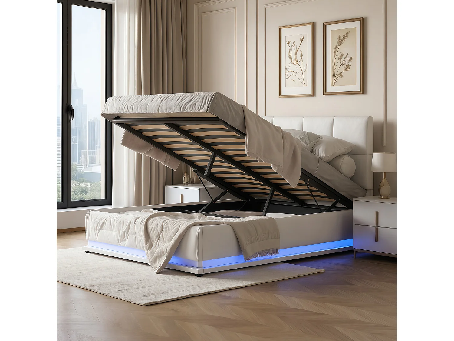 Lit coffre 140x190 avec LED, tête de lit réglable, lit 140x190 avec sommier à lattes, cadre de lit double 140x190, tissu en PU, blanc