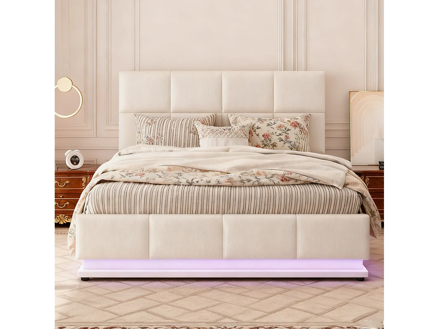 Lit coffre 140x190 avec LED, tête de lit réglable, lit 140x190 avec sommier à lattes, cadre de lit double 140x190, tissu en PU, blanc