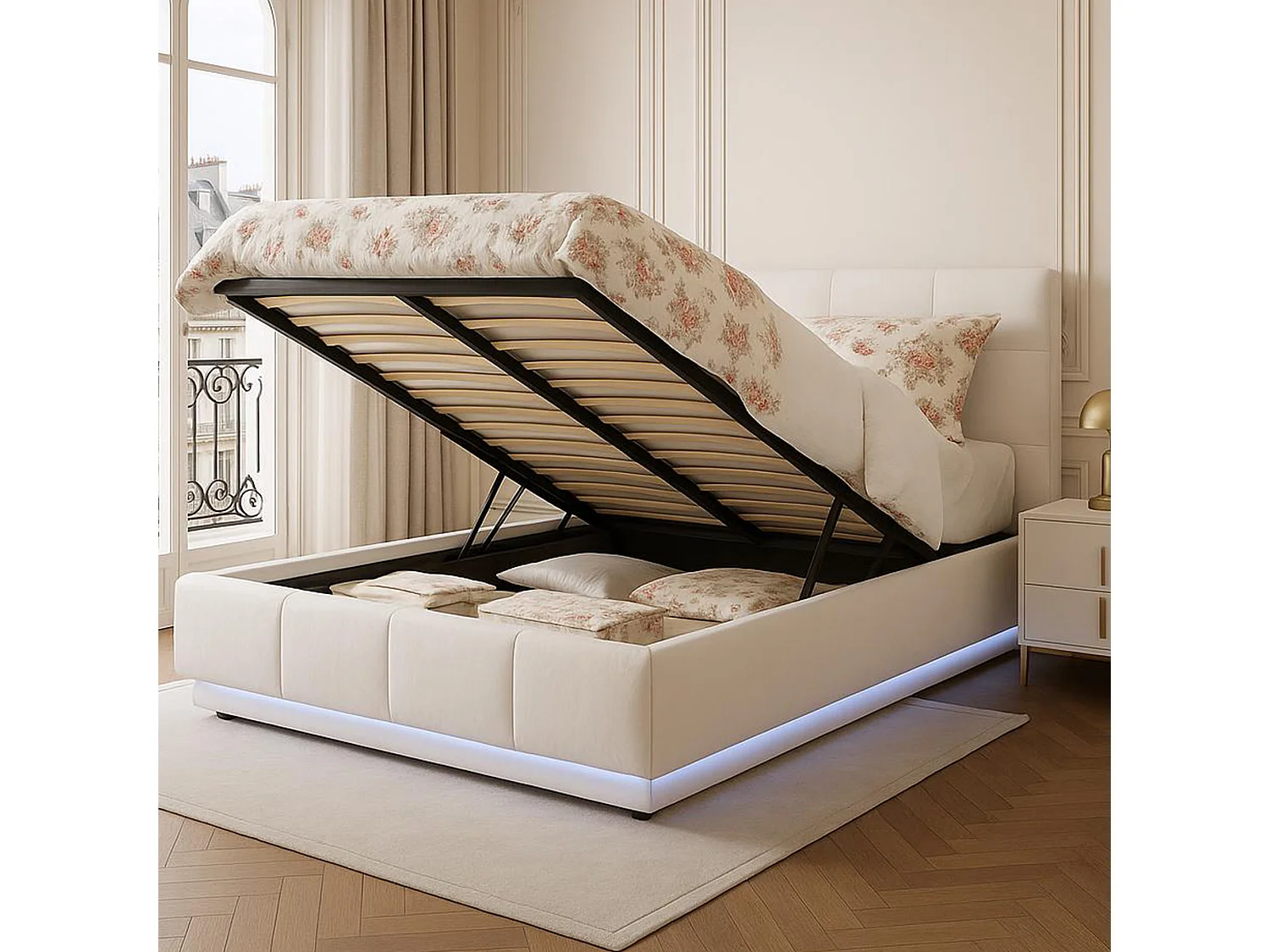 Lit coffre 140x190 avec LED, tête de lit réglable, lit 140x190 avec sommier à lattes, cadre de lit double 140x190, tissu en PU, blanc