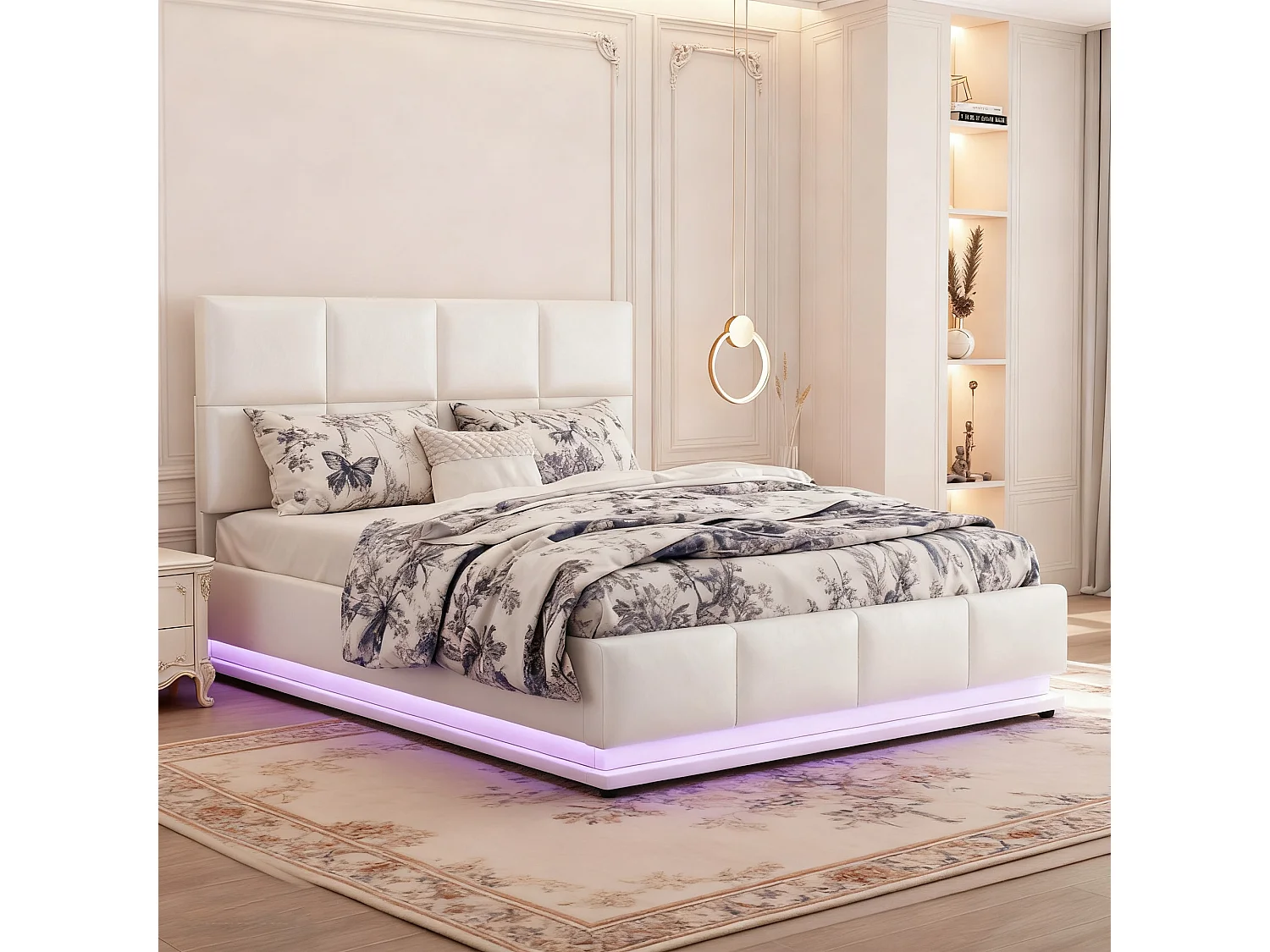 Lit coffre 140x190 avec LED, tête de lit réglable, lit 140x190 avec sommier à lattes, cadre de lit double 140x190, tissu en PU, blanc