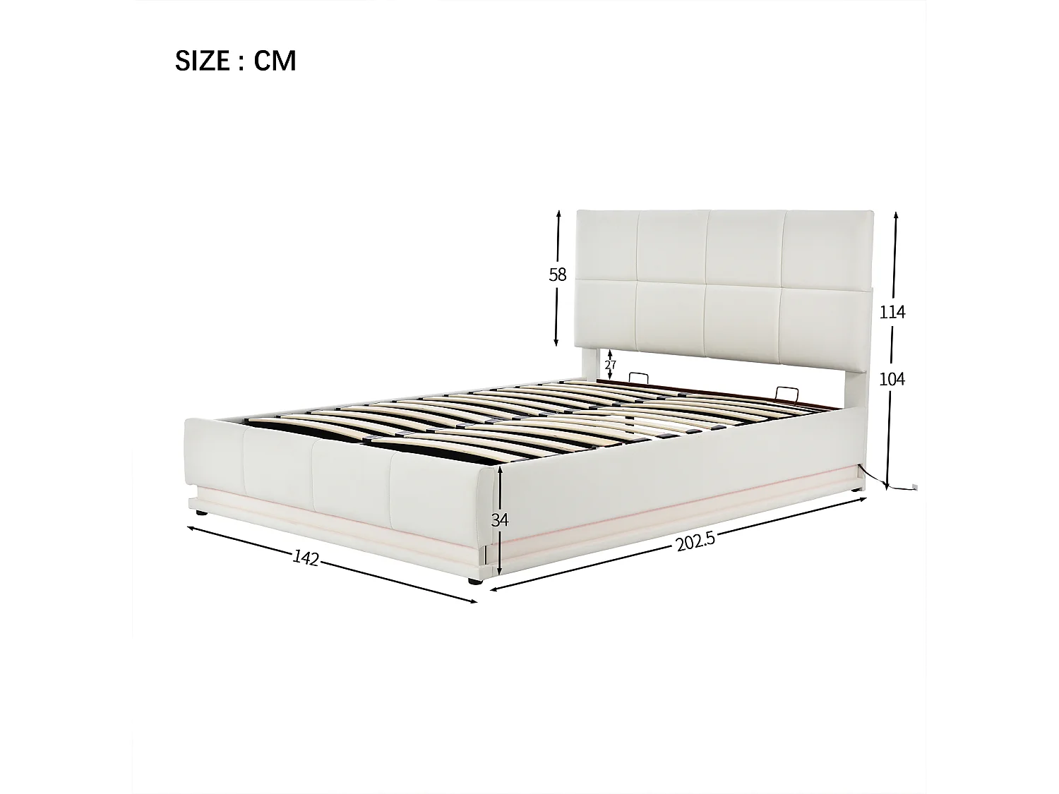 Lit coffre 140x190 avec LED, tête de lit réglable, lit 140x190 avec sommier à lattes, cadre de lit double 140x190, tissu en PU, blanc