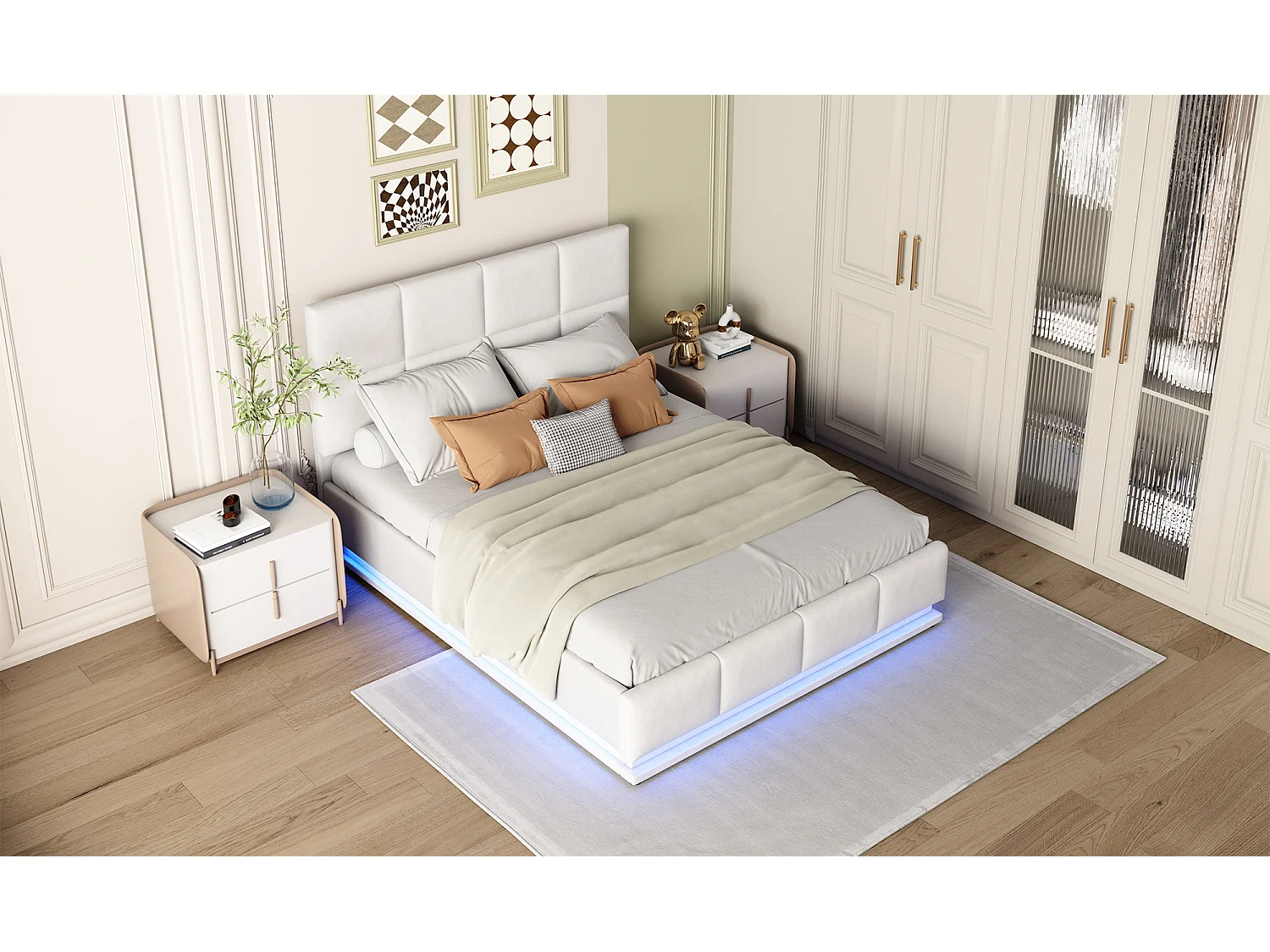 Lit coffre 140x190 avec LED, tête de lit réglable, lit 140x190 avec sommier à lattes, cadre de lit double 140x190, tissu en PU, blanc